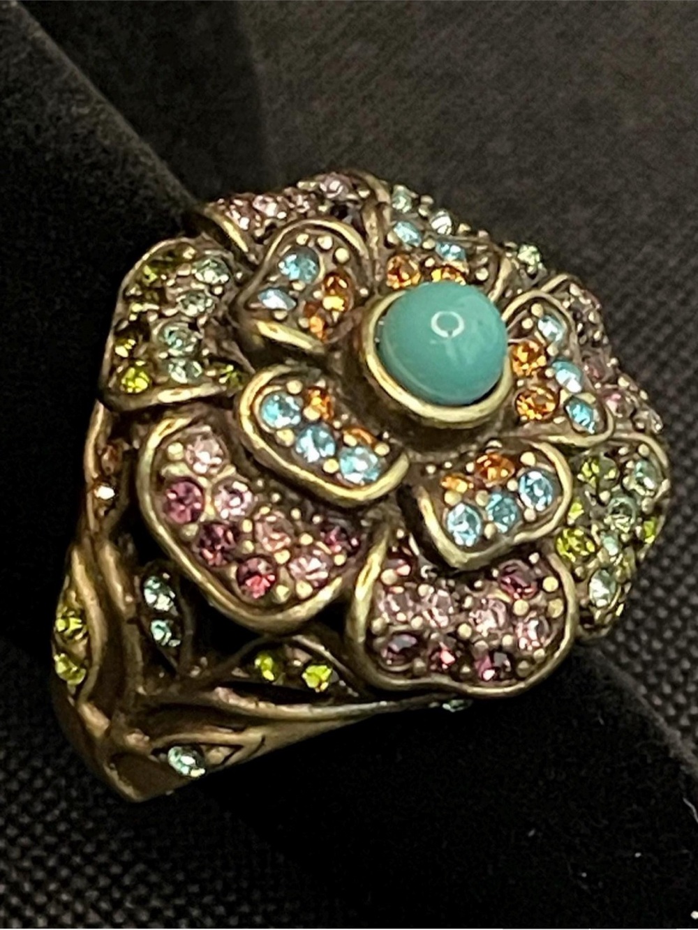 Heidi Daus  Floral Ring Gold Tone Multicolor Rhinestones,  Blue Cabochon - 6.75